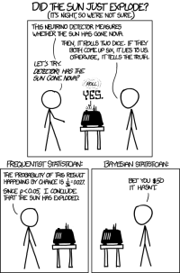 This detector measures whether the sun has gone nova. Then it rolls 2 dice. If they both come up 6, it lies to us. Detector, has the sun gone nova? Detector: Yes.  Frequentist: Since p<0.05, I conclude that the sun exploded. Bayesian: Bet you $5 it hasn't